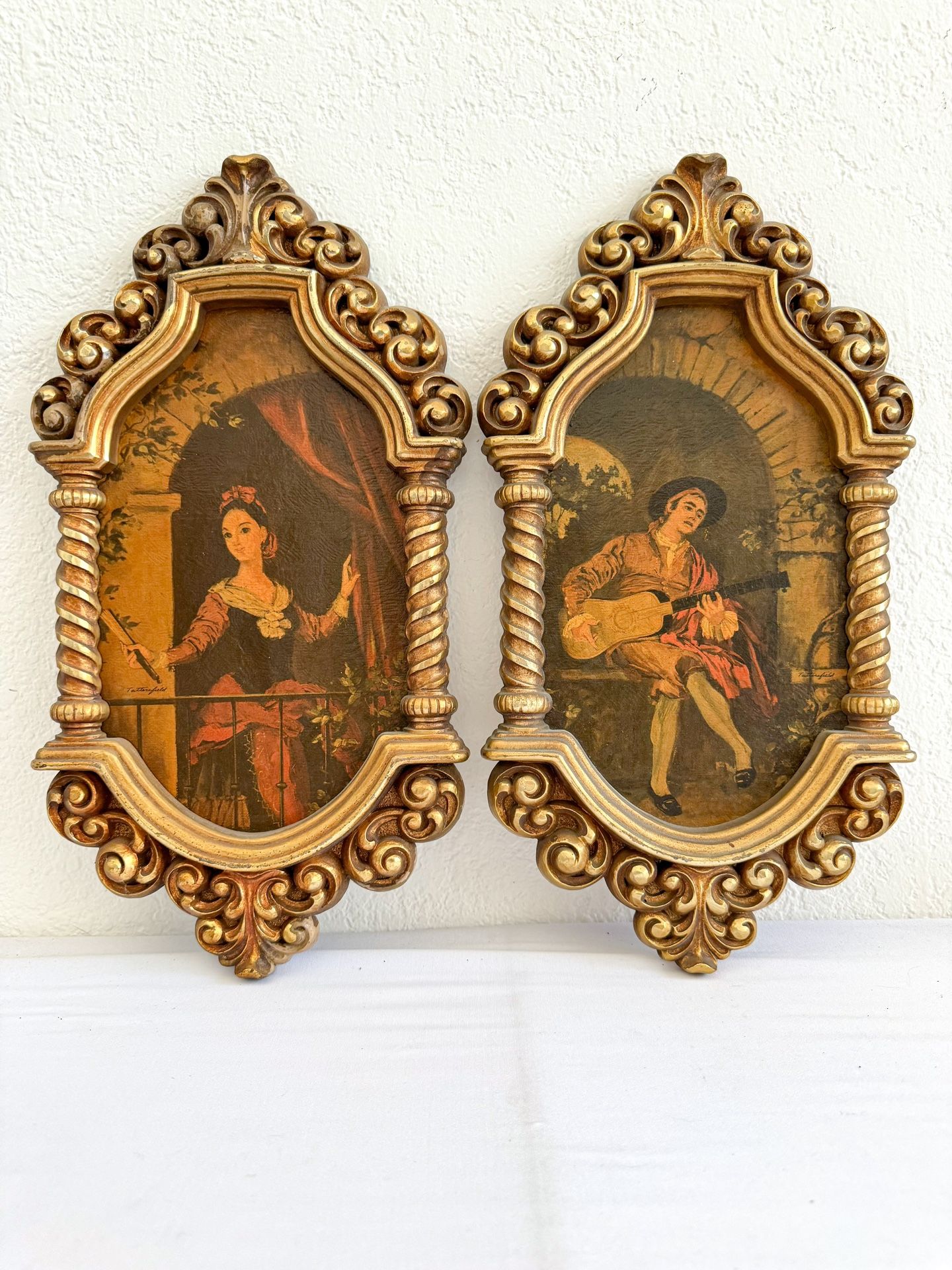 Vtg 1960s Gold Syroco Framed “Troubadour” & “Lady With Fan” Tattersfield Prints