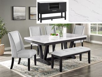 Dining set 6 pc White faux marble top, Black wood finish, New Especial price 