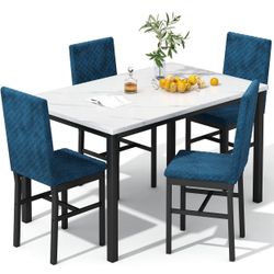 Dining Table Set for 4, Modern 5 Piece Dining Table Set Faux Marble Kitchen Table & 4 Velvet Upholstered Chairs, Dining Room Set for Small Space $130