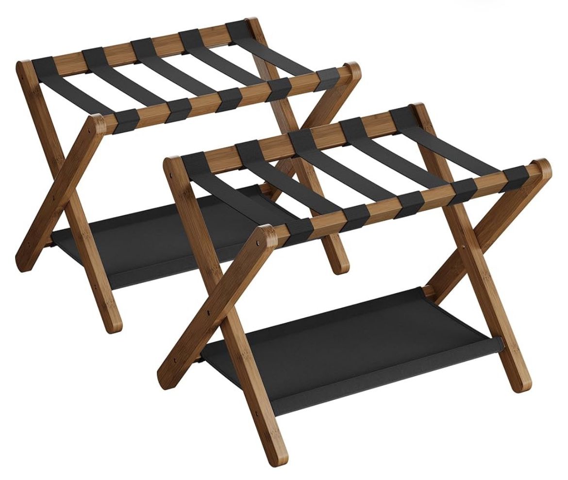 Luggage Rack, Set of 2, Folding Suitcase Stand with Storage Shelf, for Guest Room, Hotel, Bedroom, Heavy-Duty, Holds up to 131 lb, Walnut Brown URLR00