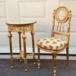 Vintage French style Hollywood regency Gold Leaf Vanity Chair And Side Table  with mirror on top $267.00 EACH 
