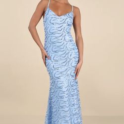 Blue Sequin Backless Maxi Dress