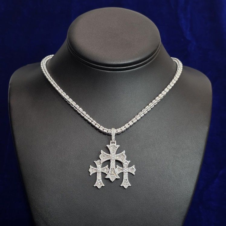 Silver Moissanite Three Cross Pendent With Chain