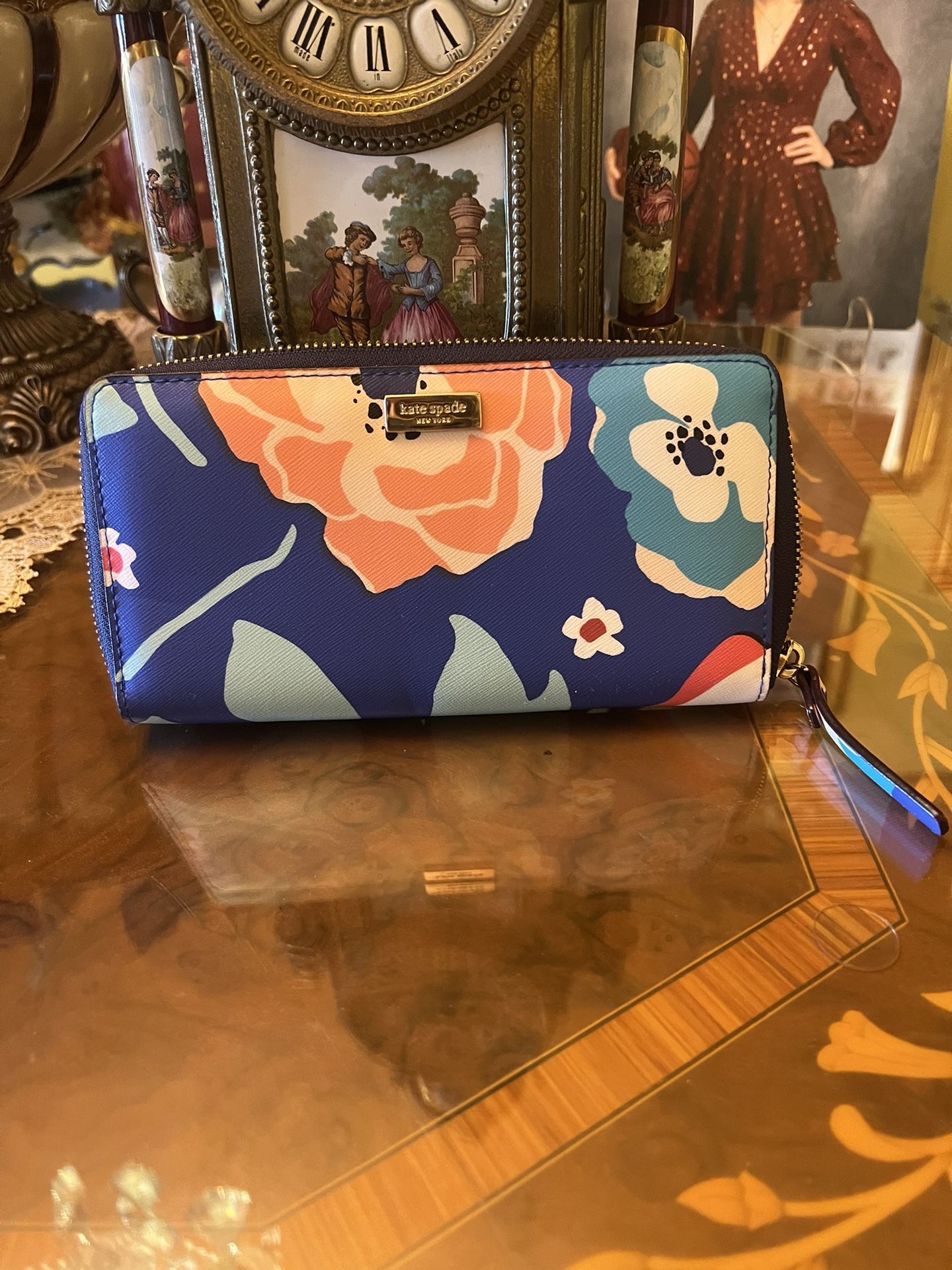 Brand New KATE SPADE ZIP CONTINENTAL LEATHER WALLET Newbury Lane Felix Cherry Floral Blue