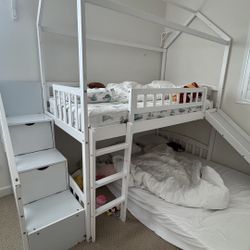 White Kids Bunk Bed Furniture With Slide Storage