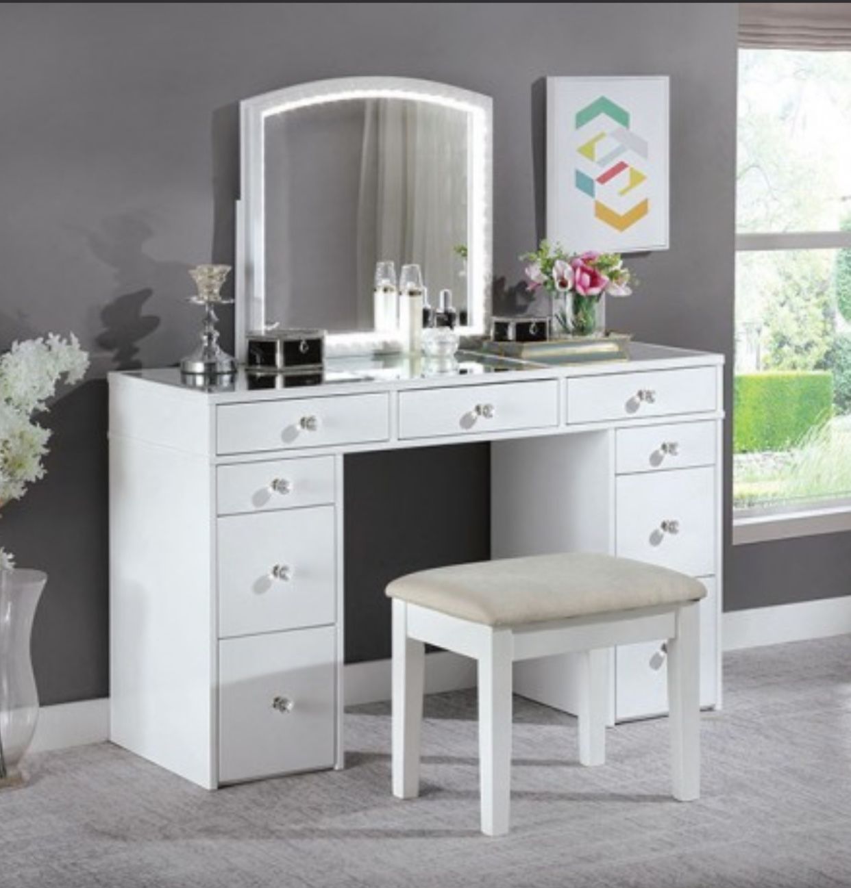 WHITE VANITY W/ STOOL (F5240) MULTIPLE DRAWERS MIRROR W/ LED LIGHT $399