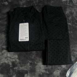 Lululemon black polka dot jacket and leggings set size 6