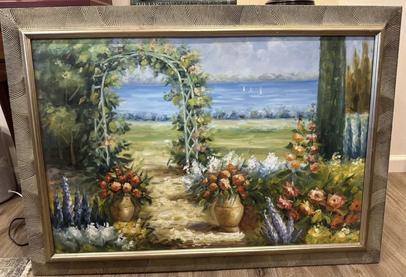 Original vintage oil painting garden water view 41 by 30