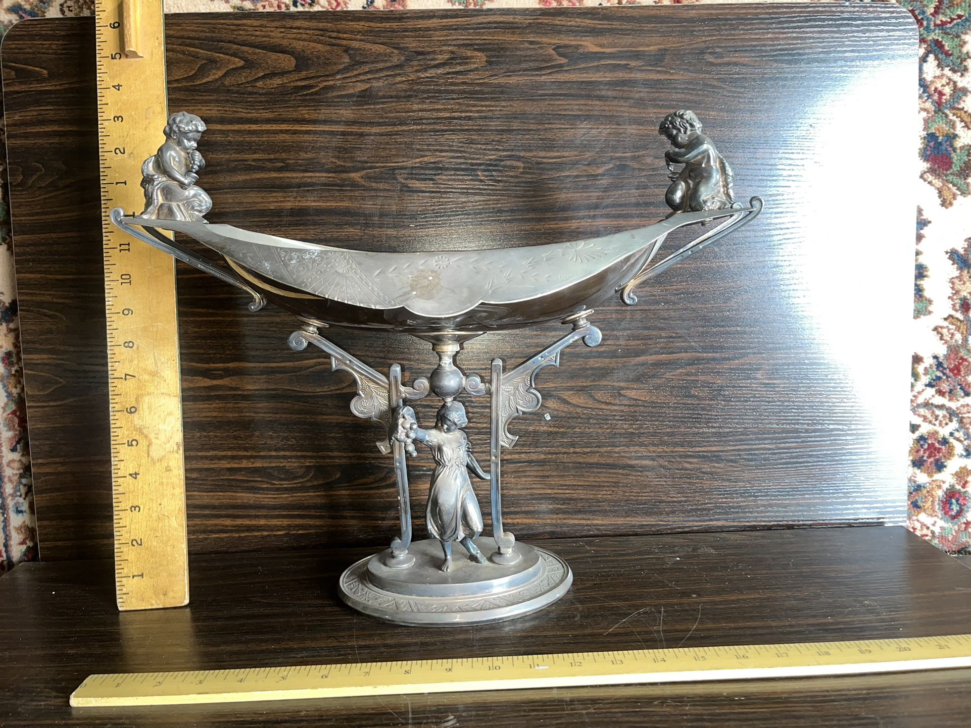 1950s Federal Pewter Pedestal Bowl with Cherub Putti