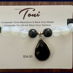 Brand New Toni Moonstone Black Onyx Beads And Teardrop Bracelet
