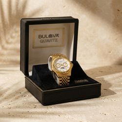 Bulova Quartz Moonphase Gold Tone Watch NOS NIB Men's