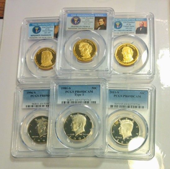 Lot of (6) Certified $1 Presidential and Kennedy Half Dollar Coins Beautiful for Collecting