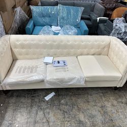 80" Modern Sofa Couch for Living Room, Upholstered Chesterfield 3 Seater Sofa Button Tufted Back with Roll Arms, Nailhead Trim with 2 Pillows for Bedr