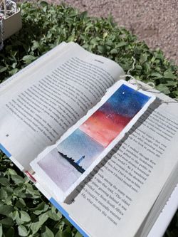 Hand-Painted Watercolor Bookmark – Night Sky & Lighthouse (Deckle-Edge)