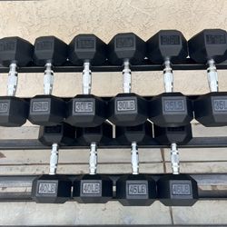 BRAND NEW Hex Rubber Dumbbell Set (25, 30, 35, 40, 45 pounds—350  pounds total)