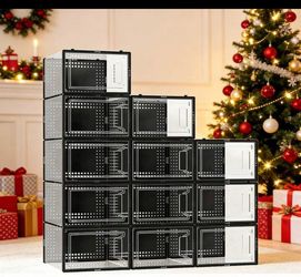 Secret Space 12 Pack Large Shoe Storage Organizer For Closet, Modular Space Saving Shoe Boxes Clear Plastic Stackable Containers Display Case Bins Wit
