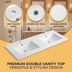 60" Double Sink Bathroom Vanity Top, White SMC Vanity Top Two integrated rectangular basins with pre-drilled faucet holes provide ample space for shar