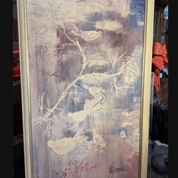 Mid Century 1963 abstract birds signed oil on canvas