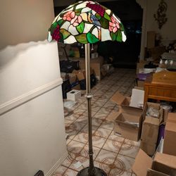 Tiffany Style Stained Glass Floor Lamp  large 20" W Grapes  Birds Flowers
