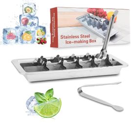 2 Pcs Stainless Steel Ice Cube Trays for Freezer, Metal Ice Cube Trays with Lever, Reusable 18/8 Slot Ice Cube Mold for Bar and Kitchen (with Clips, 2
