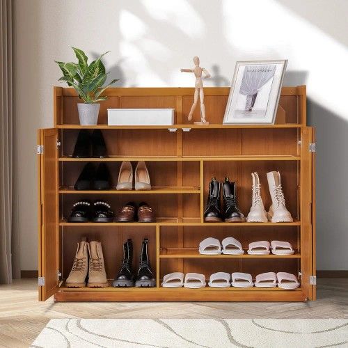 MoNiBloom 5 Tier Bamboo Shoe Cabinet with Doors, Bamboo Free Standing Shoe Shelf Organizer Storage w/High Baffle for 21-25 Pairs Entryway Hallway Offi