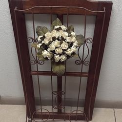 Vintage Decorative Metal & Wood Wall Rack with Floral Centerpiece – Scroll Design