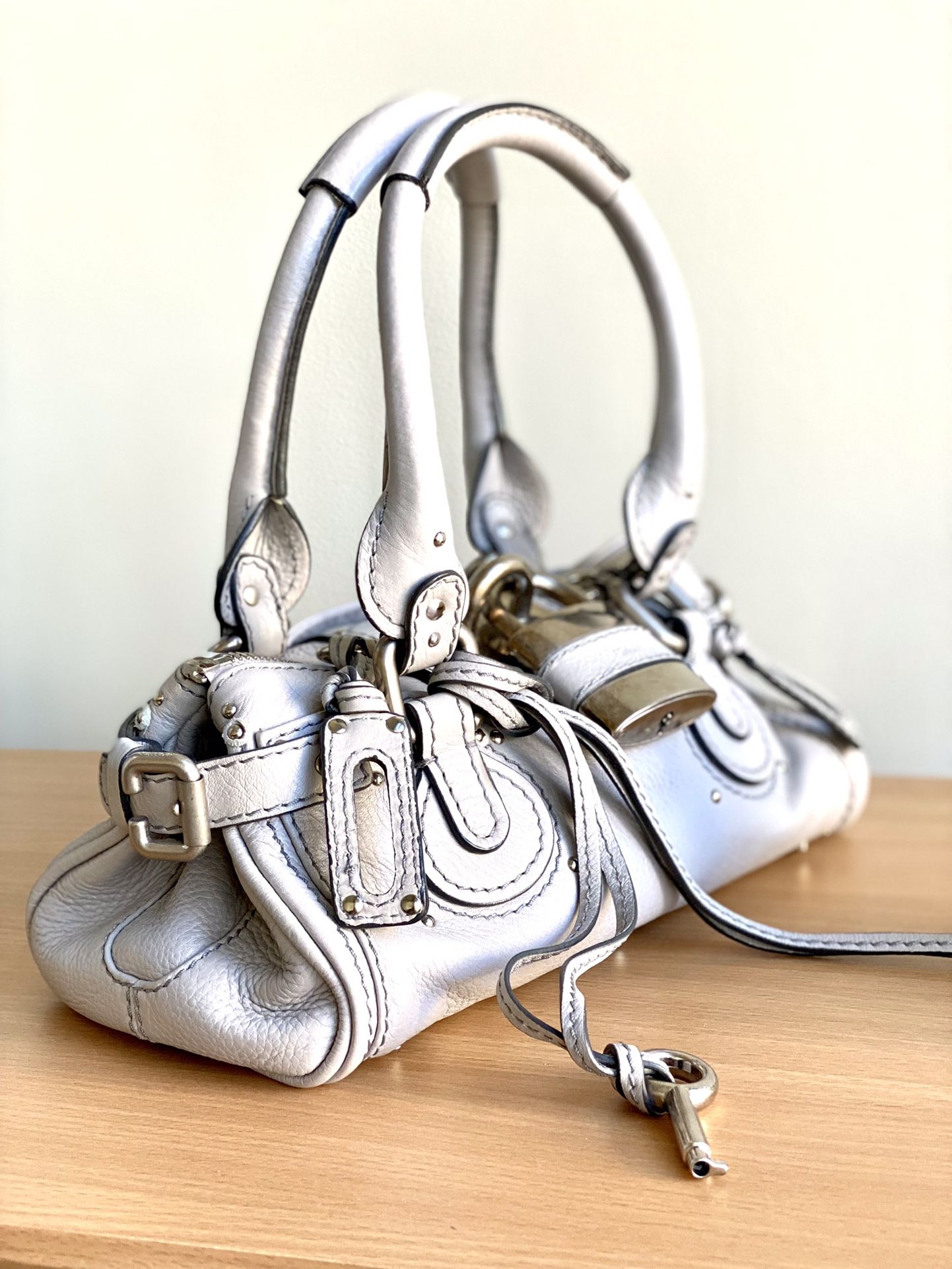 Authentic Chloe Mini Paddington Light Gray Leather Handbag with