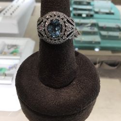 14K Oval Aqua Round Diamond Sz6.5