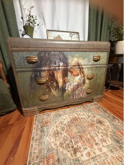 One-of-a-Kind Upcycled Waterfall Dresser with Horse & Child Art