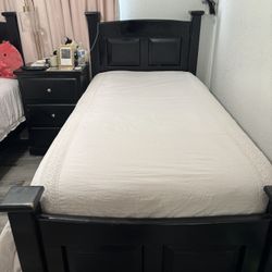 Two Twin Size Black Wood Beds And Nightstands