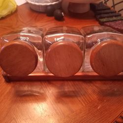 Vintage Glass Containers With Wood Vase