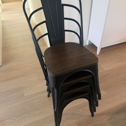 Four Metal Dining Chairs With Wood Seat