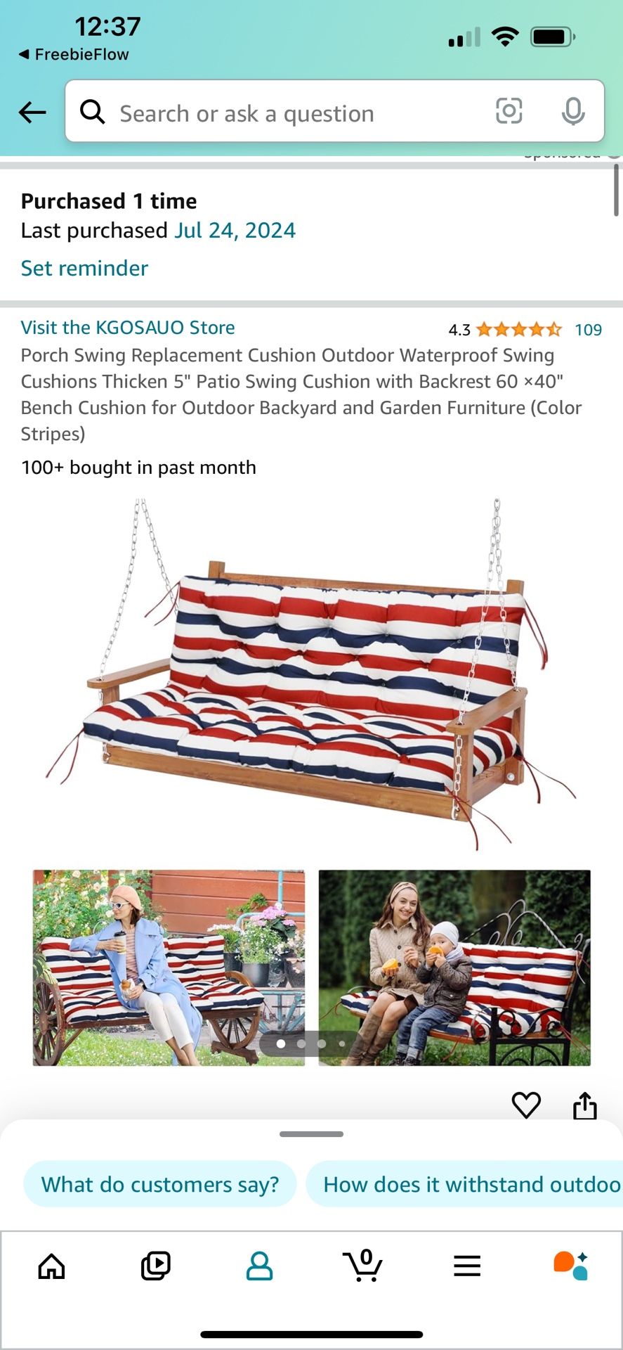 Porch Swing Cushion Only