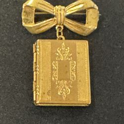 Vintage gold-tone bow and book locket brooch pin Please read description.