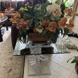 Very large silk floral arrangement in wood footed carved Asian planter