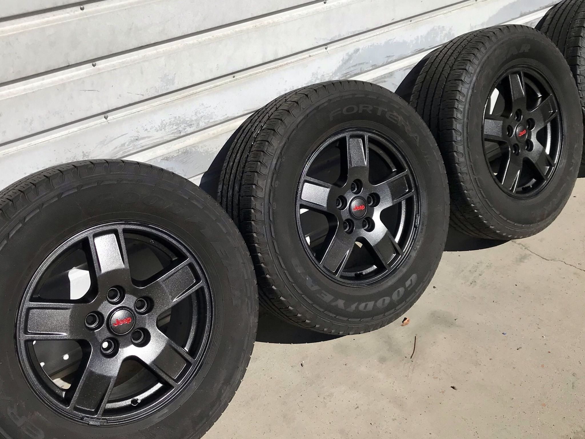 4 Jeep Wrangler 17” Stock Black Wheels OEM Rims Goodyear Fortera 245/70R17 Tires At 40% Tread Balanced 5 on 4.5” Bolt Pattern $325 Ontario 91762 Good