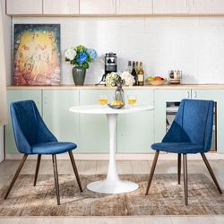 Homy Casa Clift 3PC Dining Set, 31.5” White Round Table with 2 SMEG High Back Upholstered Dining Chair Dark Blue