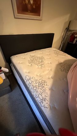 Queen bed fram, headboard, footboard, box spring and mattress