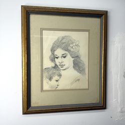 1970’s Hawaiian Art Mother & Keiki Charcoal Drawing Original James Stickney