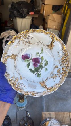 Antique Porcelain Plate with Gold Relief and Fruit Motif
