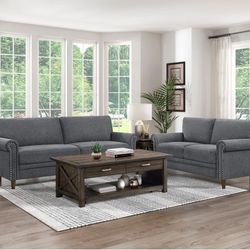 Brand New Dark Gray/Blue/Biege Linen Studded Sofa + Loveseat 2PCs Set