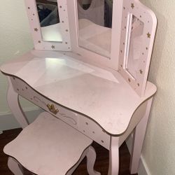 Pretend Play Kids Vanity Set with Mirror and Stool, Kids Make Up Vanity Desk with Mirrror for Little Girls, Children 