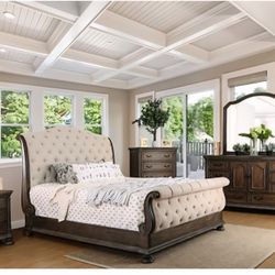 Bedroom Set 4 Pc Rustic Natural Tone, Beige Fabric, New Especial Price 
