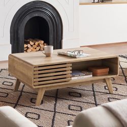 mopio Ensley Coffee Table, Mid Century Modern Table with Storage, Farmhouse Wood Coffee Table for Living Room Fluted (Oak)