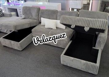 ✅️✅️3 pc Smoke grey corduroy fabric sectional sofa with double storage chaise and pop up sleep area in center✅️✅️