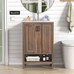 24" Wood Vanity Cabinet Set With Ceramic Sink, 2 Doors and Open Shelf - Modern Black Bathroom Sink Cabinet (Faucet Not Included),Walnut