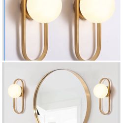 Gold Wall Lamp Sconces Set of 2 with White Globe Glass Shade - Living Room & Bedroom Wall Lights