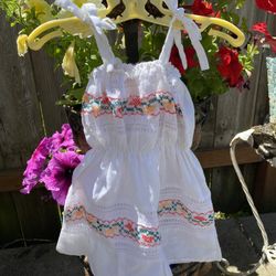 Vintage Baby Girls Sun Summer Sheer White w/ Embroidery Dress size 18M-24M 