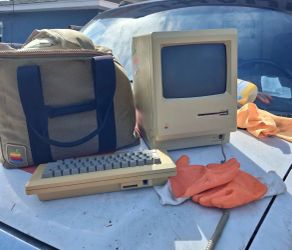 Vintage Apple Macintosh Computer with Keyboard and Bag