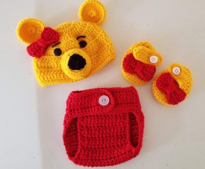 Crochet Baby Girl Winnie The Pooh Inspired Outfit Photo Prop 